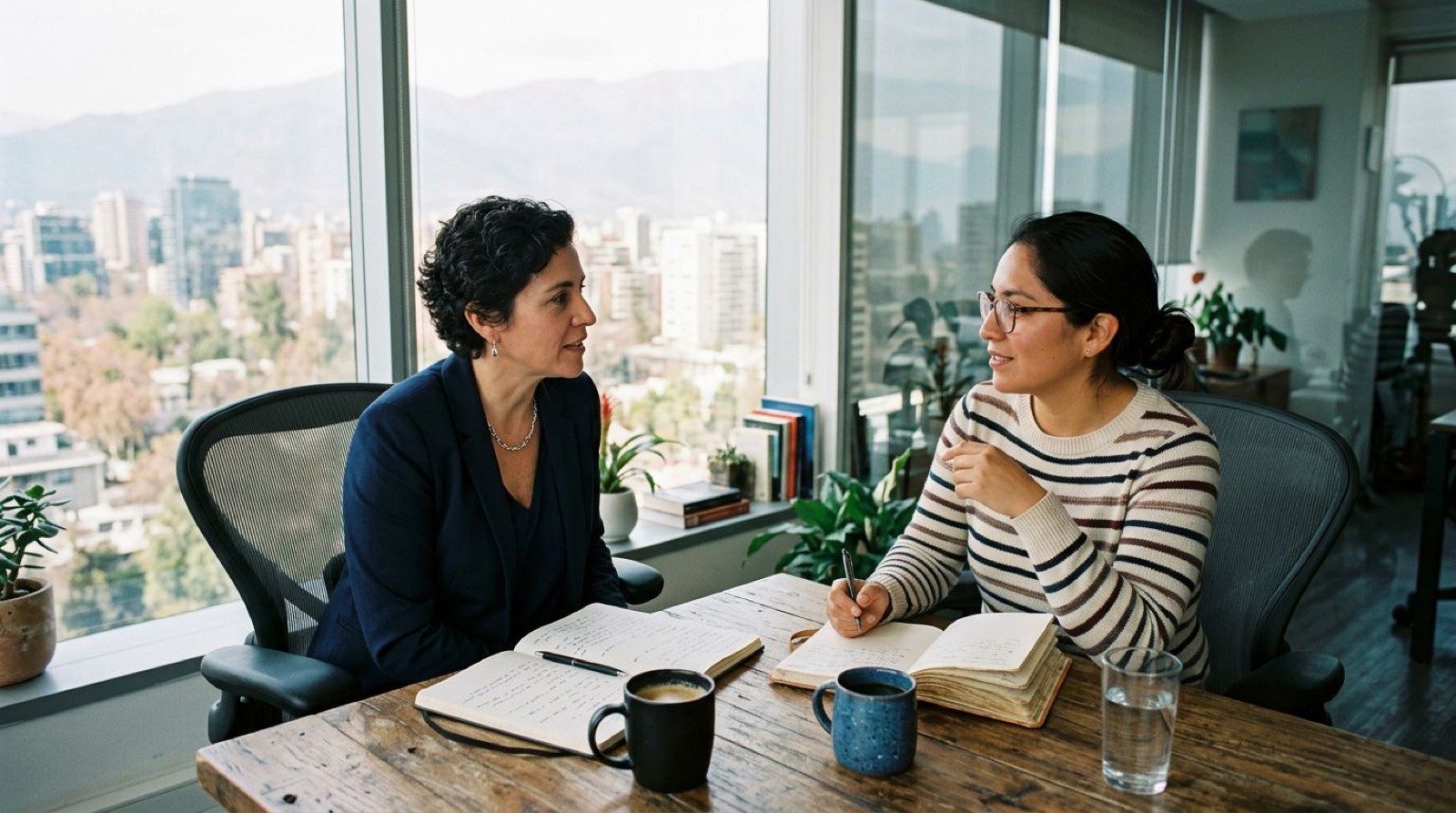 Sesión de coaching ejecutivo junto a un ventanal