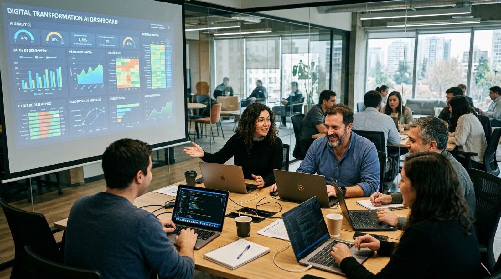 Taller de IA con laptops y tablero digital