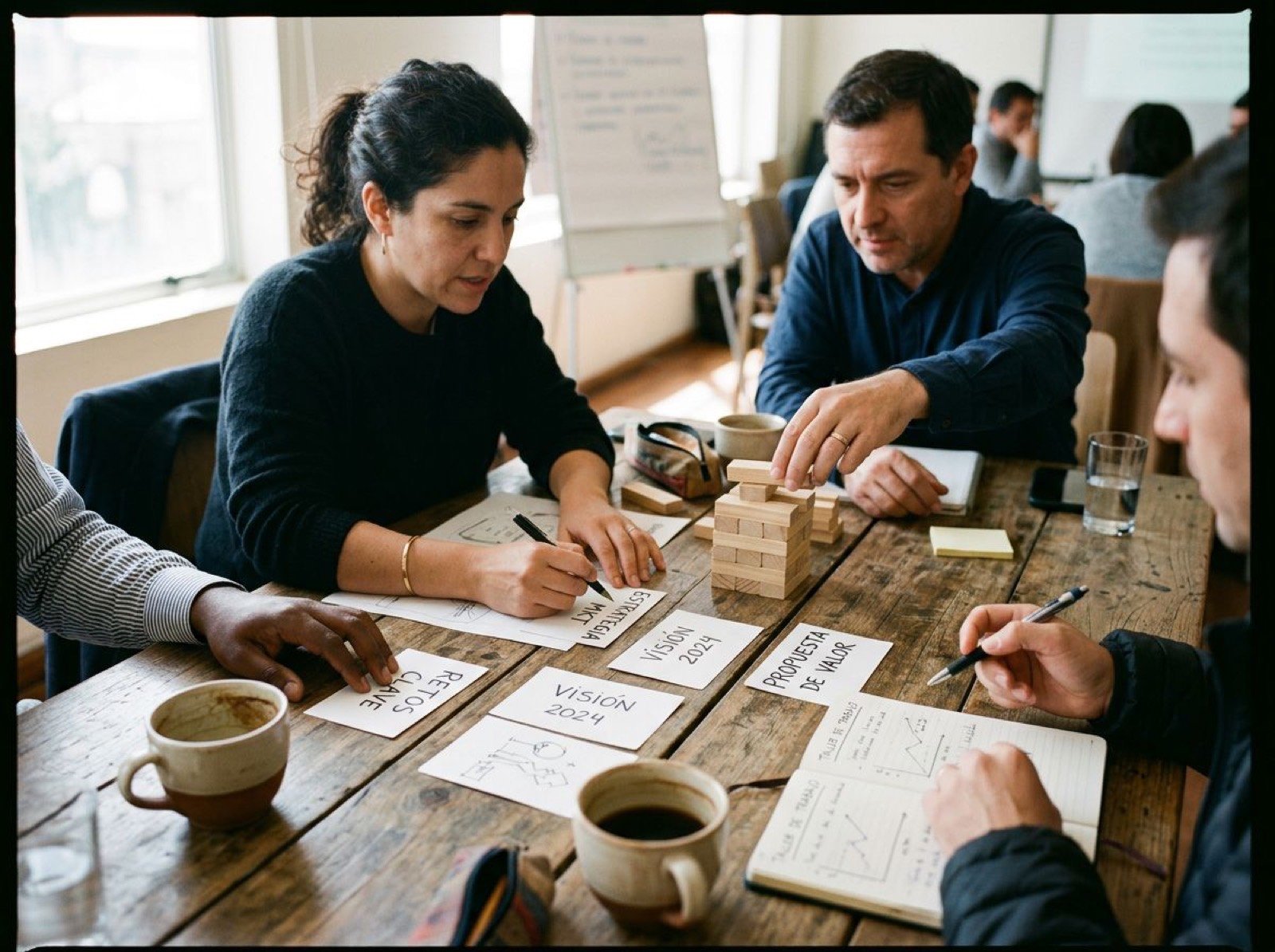Manos trabajando sobre una mesa con tarjetas de estrategia