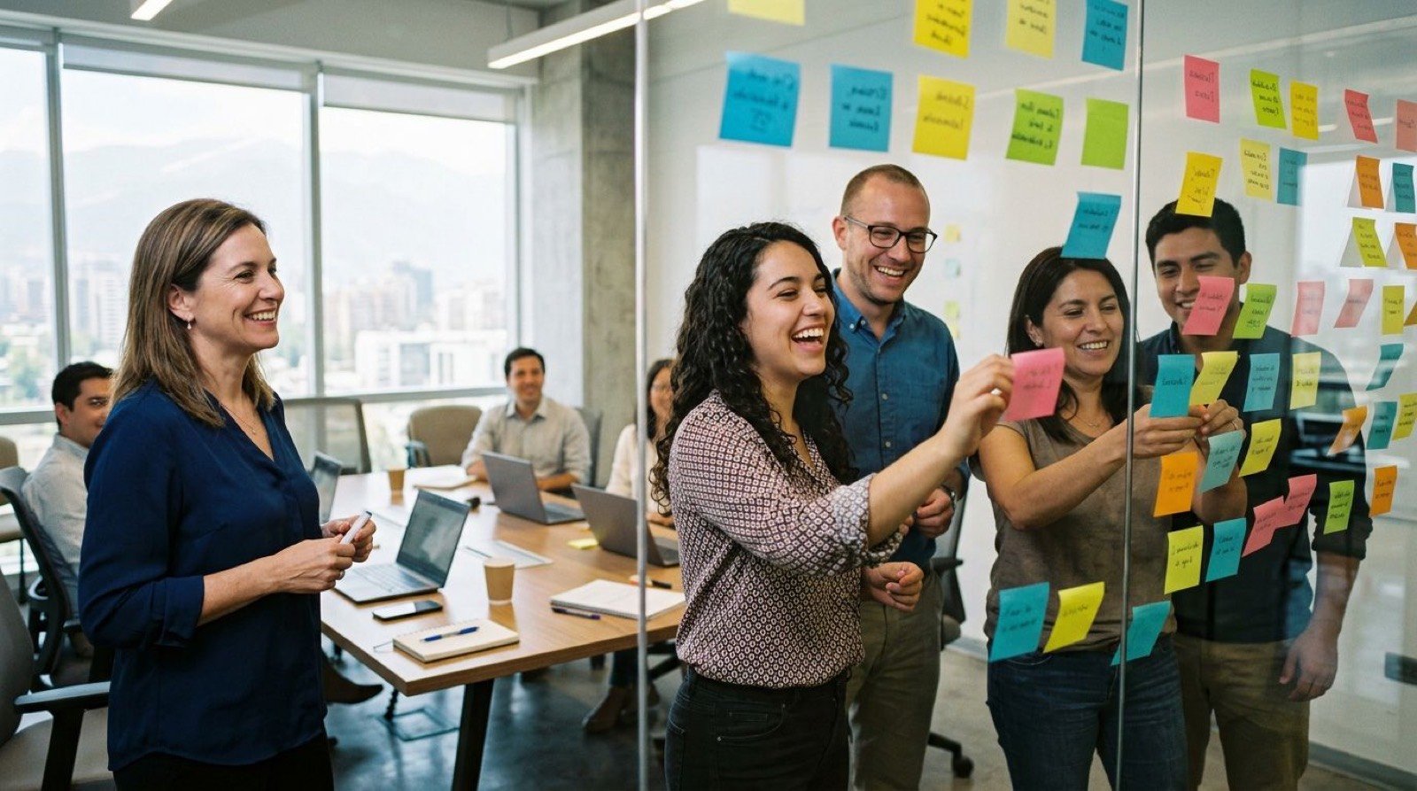 Taller de cultura: equipo pegando notas adhesivas en un muro de vidrio