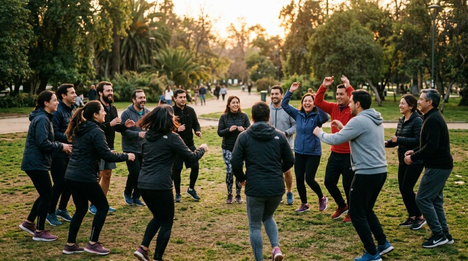 Team building al aire libre al atardecer